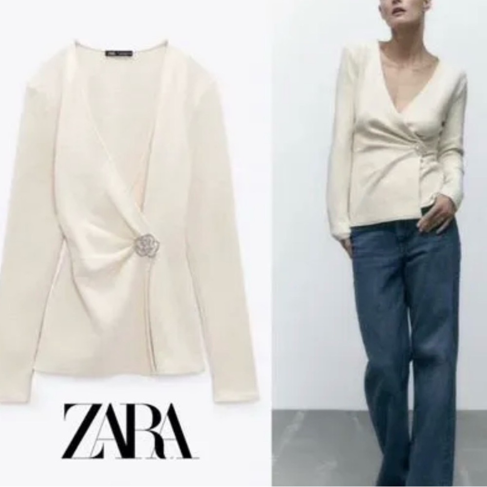 ZARA - women’s cotton blend V-neck wrap long sleeve sweater Ivory Knit  top SZ M